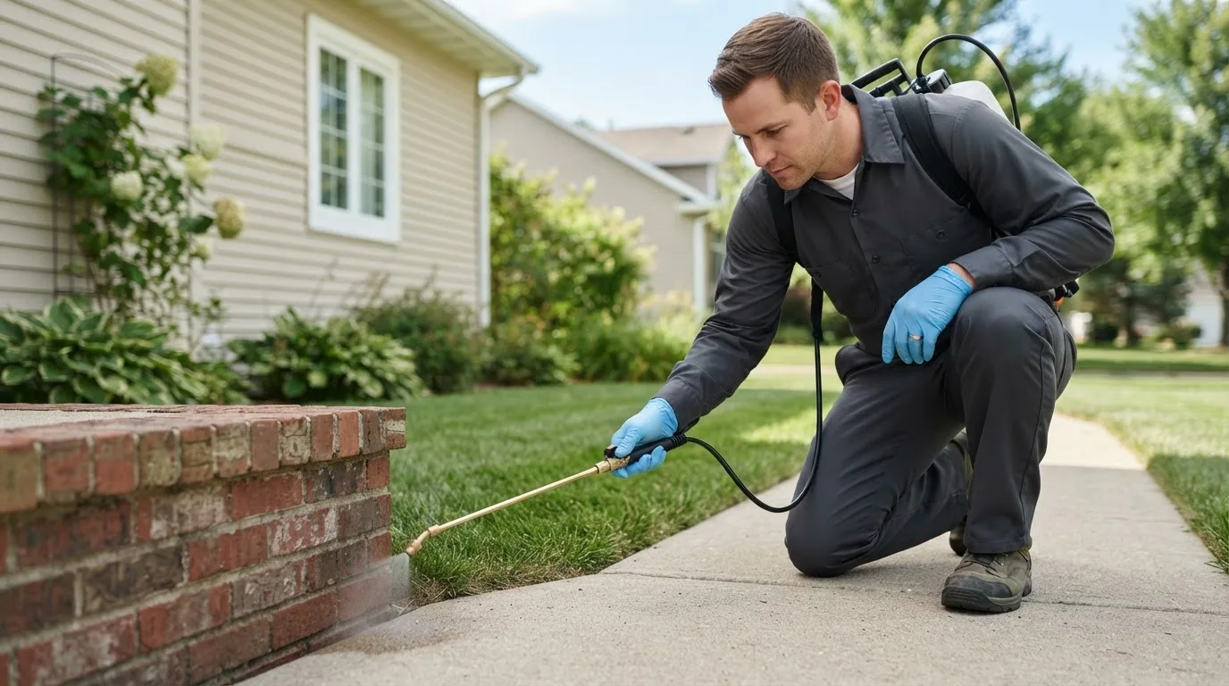 Pest control technician treating a home near Foster City, MI