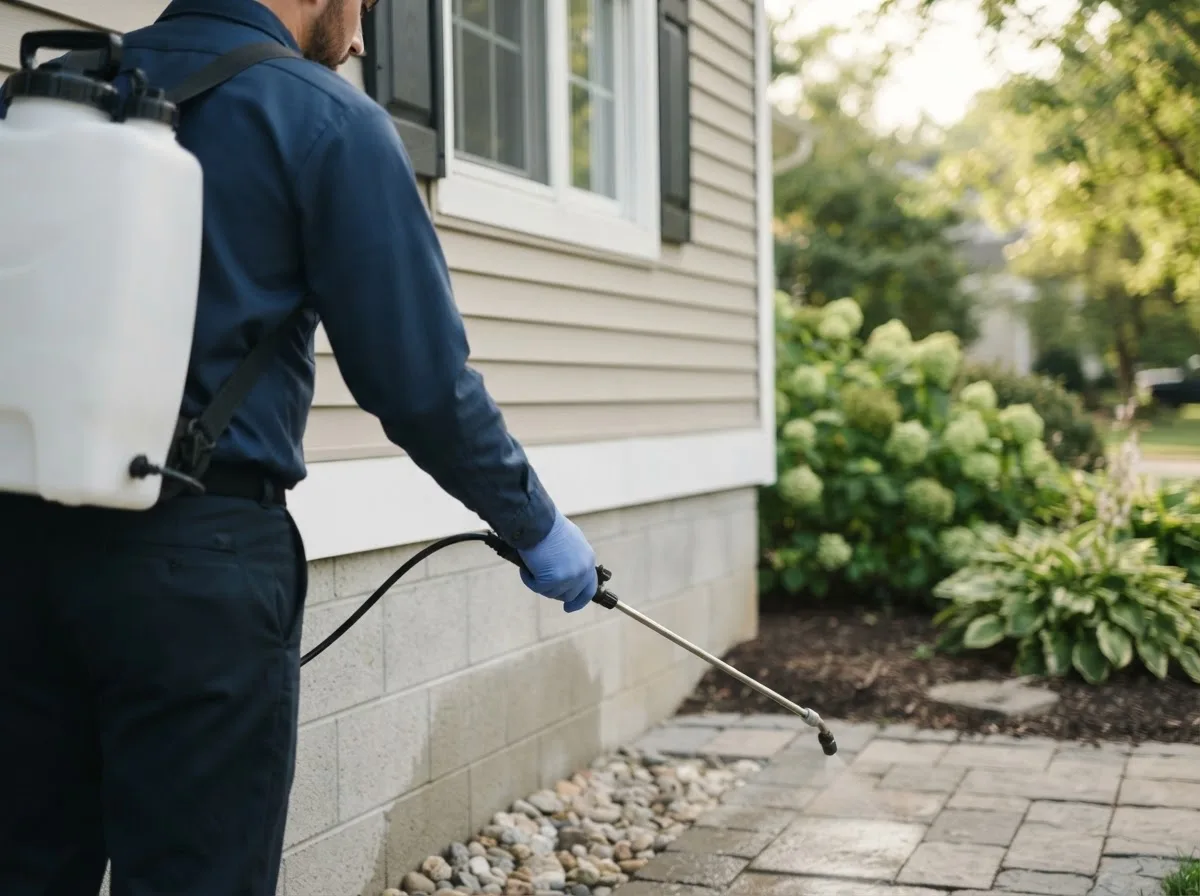 Pest control technician inspecting a home in Foster City, MI